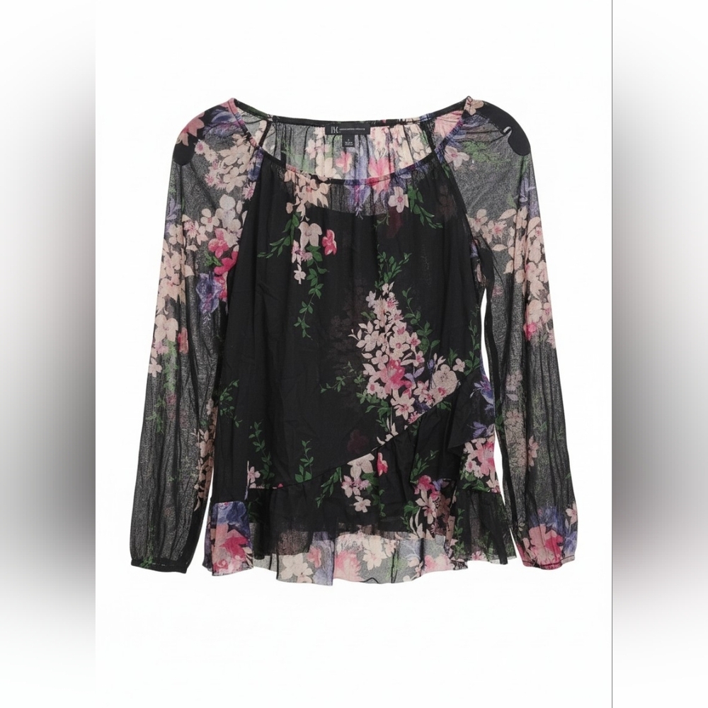 Sheer Floral Whimsy Blouse Ruffle Hem Fairy Whimsigoth Black Pink Small